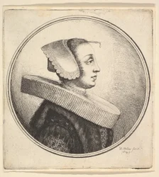 Donna con ruche circolare, cuffia e spilla per capelli, di profilo a destra, 1645