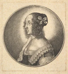 Donna con capelli scuri e fiocco di profilo a sinistra