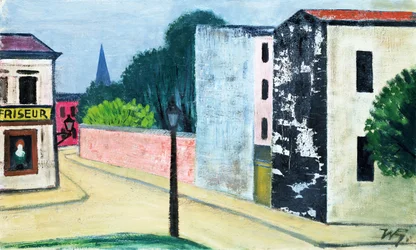 Strada con salone di parrucchiere (tecnica mista)