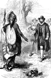 Accoglienza di un guerriero Narragansett da parte di John Winthrop, Massachusetts, c. 1630s c. 1880
