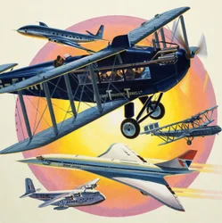 Montaggio di aerei passeggeri tra cui il Concorde (gouache su carta)