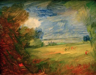 Paesaggio collinare con figura rossa