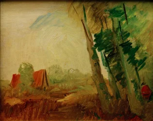 Casa rossa nel campo davanti al bordo del bosco a destra