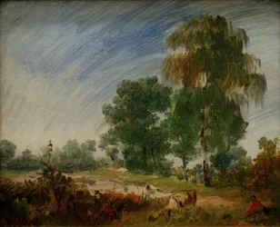 Paesaggio di brughiera di fine estate con stagno