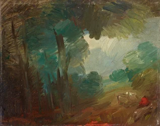 Paesaggio boschivo con mucche e contadini