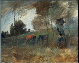 Paesaggio di pascolo con mucca rossa