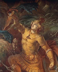 Sigurd uccide il drago Fafnir con la spada Gram, dettaglio, dalla Saga di Sigurd, Sala inferiore, ca. 1882-83 (murale)
