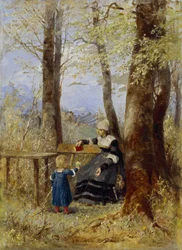 Madre con bambino in paesaggio primaverile