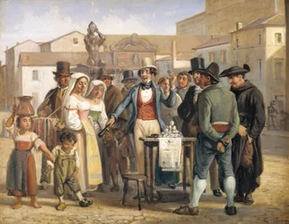Un ciarlatano che vende lucido da scarpe in Piazza Barberini a Roma