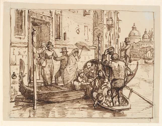Sbarco da una gondola nel Canal Grande a Venezia. Sullo sfondo Santa Maria della Salute