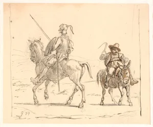 Don Chisciotte cavalca verso sinistra, Sancho Panza verso destra
