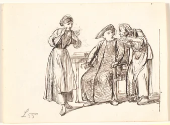 Una vecchia donna parla con un prete, a sinistra una giovane donna