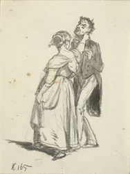 Una ragazza tira un uomo per l