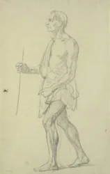 Studio di figura. Uomo in piedi di profilo a sinistra