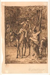 Prima della lotta con il cavaliere dello specchio, Don Chisciotte aiuta Sancho Panza a salire su un albero