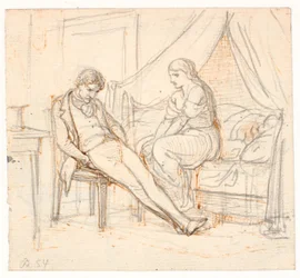 Interno con giovane uomo malinconico e una ragazza su un letto