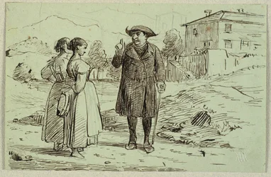 Scena italiana con due donne e un prete