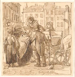 Le signore salgono sulla carrozza a Hanserplads