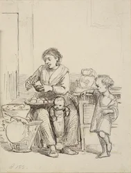 Due bambini e una donna pelano patate