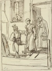 Giovane ragazza e vecchia signora aiutate da un uomo a scendere in una gondola