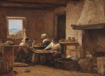 Donne che lavorano nella cucina di una fattoria vicino a Olevano, Italia