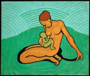 Madre e figlio su sfondo verde