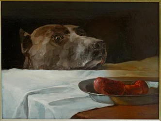 Mastino con ciotola di salsicce