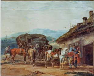Cambio di cavalli di una carrozza da viaggio