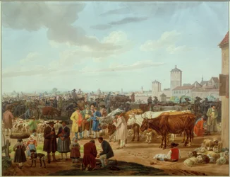Mercato del bestiame ai margini di una città