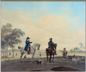 Due cavalieri davanti a un paesaggio