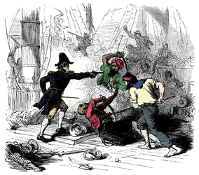 Lotta contro i pirati algerini Incisione tratta da "Sir Henry Morgan, Bucaniere".