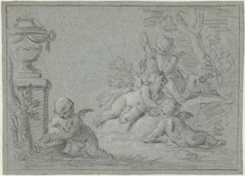 Putti in un paesaggio con un vaso