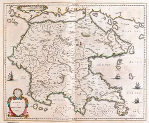Grecia, Peloponneso, in "Theatrum Orbis Terrarum, sive Atlas Novus" di Willem Blaeu, Amsterdam