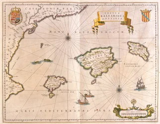 Maiorca, Minorca e Ibiza, comprese le coste della Catalogna e di Valencia, in "Theatrum Orbis Terrarum, sive Atlas Novus" di Willem Blaeu, Amsterdam