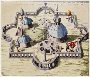 Stelleburgum sive Observatorium Subterraeum, osservatorio astronomico sotterraneo a Stjerneborg, progettato da Tycho Brahe, disegno di Willem Blaeu, ca 1595
