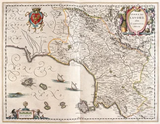 regione Campania, Italia, nel "Theatrum Orbis Terrarum, sive Atlas Novus" di Willem Blaeu, Amsterdam.