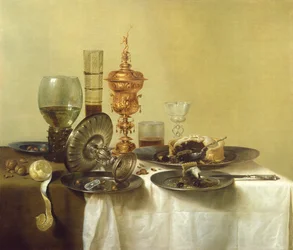 Natura morta con bicchieri, piatti e cibo, 1638