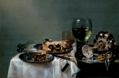 Tavola della colazione con torta di more, dipinto di Willem Claesz Heda (1594-1680), 1631, dimensioni 54 x 82 cm, Collezioni statali d