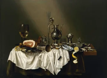 Pezzo di banchetto con prosciutto. Dipinto di Willem Claesz Heda, 1656
