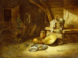 Una cucina con verdure in un cesto di vimini, piatti di peltro e una zucca