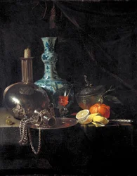 Natura morta con una fiasca da pellegrino, candeliere, vaso di porcellana e frutta