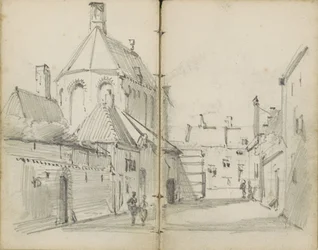 Strada di paese con una chiesa e figure