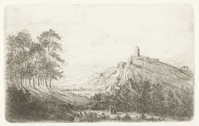 Paesaggio montano con castello sulla cima