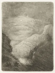 Paesaggio montano con fiume al chiaro di luna