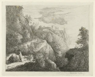 Paesaggio montano con figure in riposo sul lato della strada