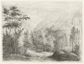 Paesaggio montano con figura riposante lungo la strada