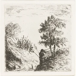 Paesaggio collinare con due alberi su una roccia