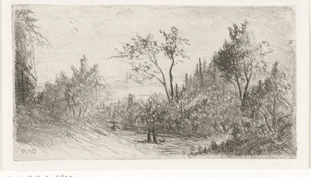 Paesaggio collinare con passeggiatori e cane al margine del bosco