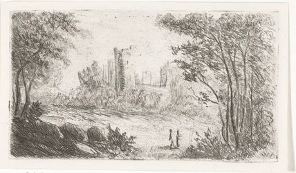 Paesaggio con rovina di castello e due figure