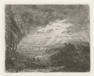 Paesaggio con due figure durante tempesta e pioggia